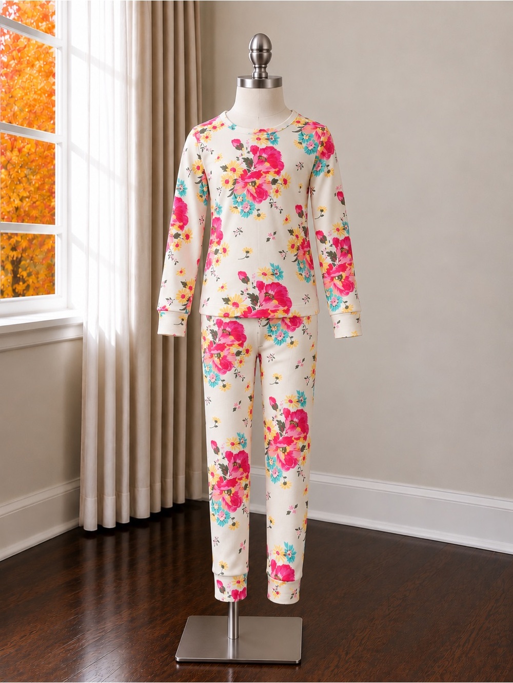 GAP Cream Floral Long-Sleeve Pajama Set with Pink and Turquoise Flowers